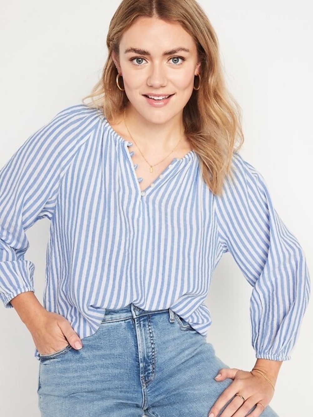 Old Navy Coastal Chic Blue White Striped Long Sleeve Split Neck Poet Blouse